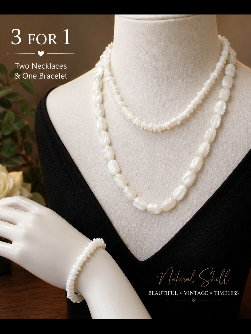 Natural Shell White Necklace & Bracelet Set - Layered White Shell Jewelry